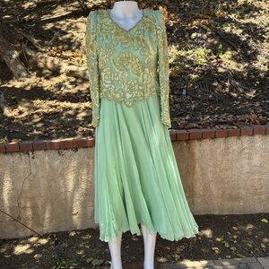 Vintage BLACK TIE BY HE-RO DRESS beaded PARTY GREEN SILK SEQUINS sz 8